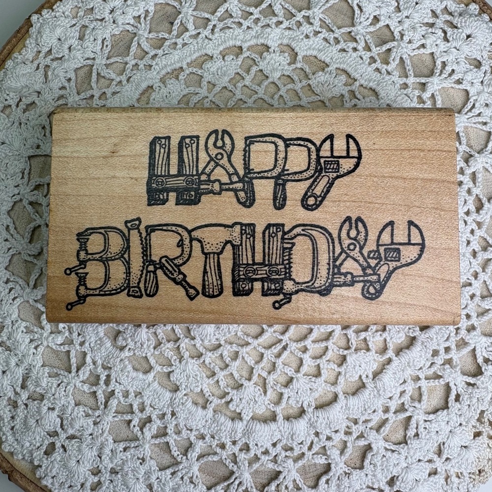 Vintage Happy Birthday Tools Darcies Country Folk Rubber Stamp Wood Block
